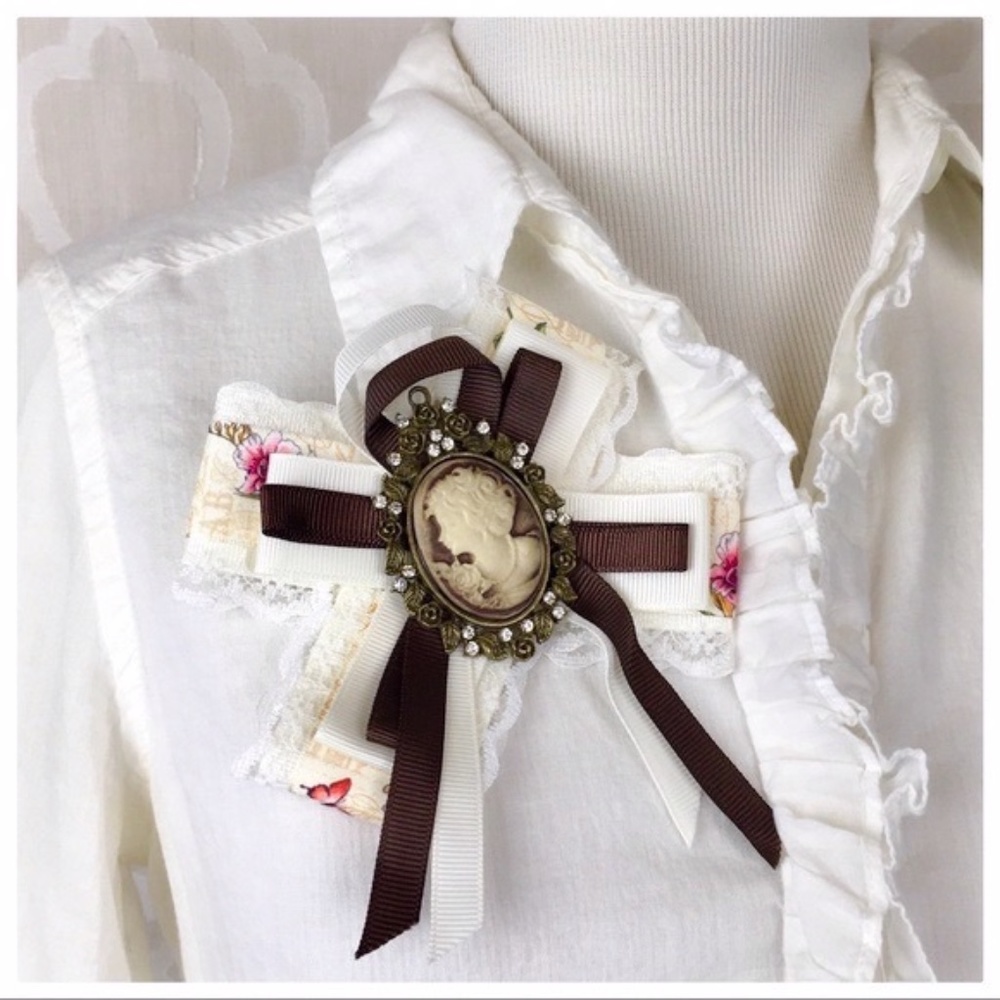 Handmade Cameo and Ribbon Brooch